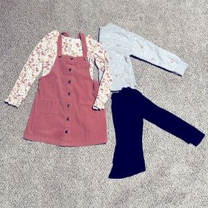 Size 6-7 lot overall dress with top, sweater shirt and long sleeve tee